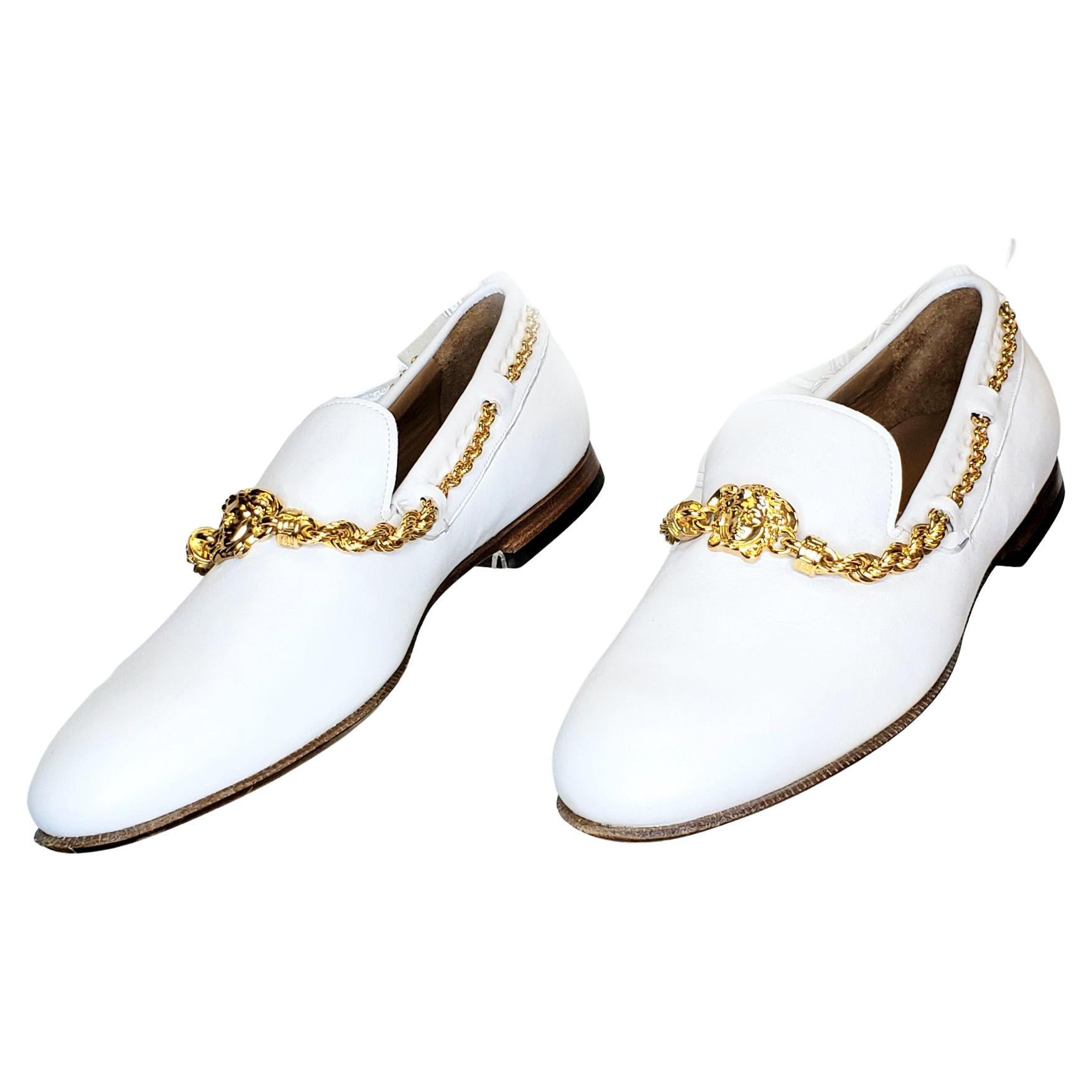 SS 2015 VERSACE WHITE LEATHER LOAFER SHOES w/ GOLD PLATED HARDWARE Size 44 - 11