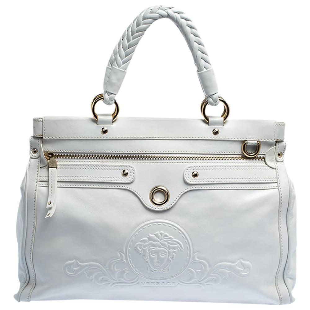 Versace White Leather Logo Embossed Tote