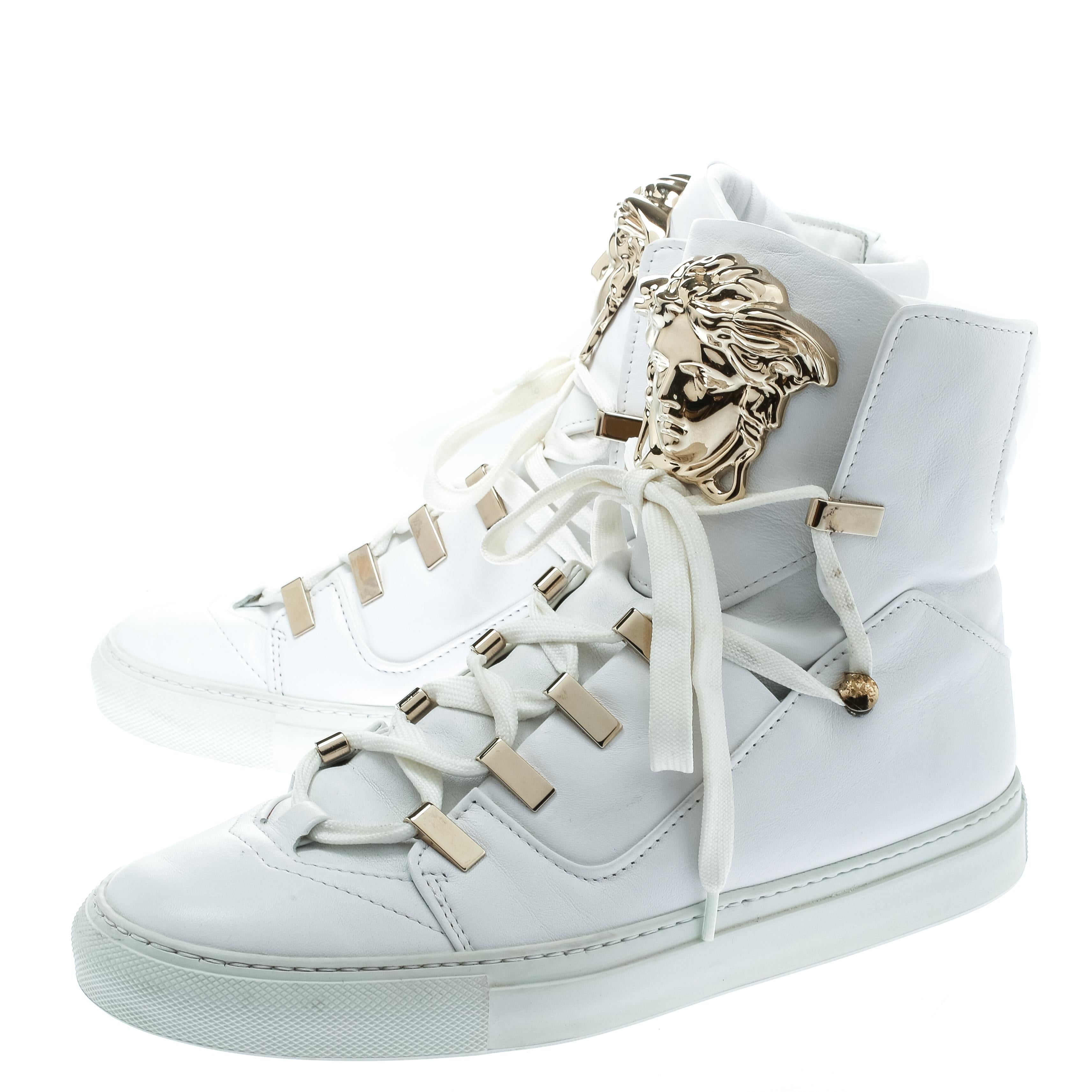 Gray Versace White Leather Medusa High Top Sneakers Size 39