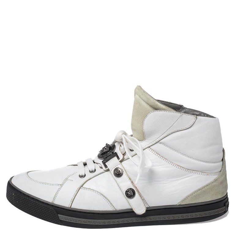 Versace White Leather Medusa High Top Sneakers Size 45 For Sale at 1stDibs