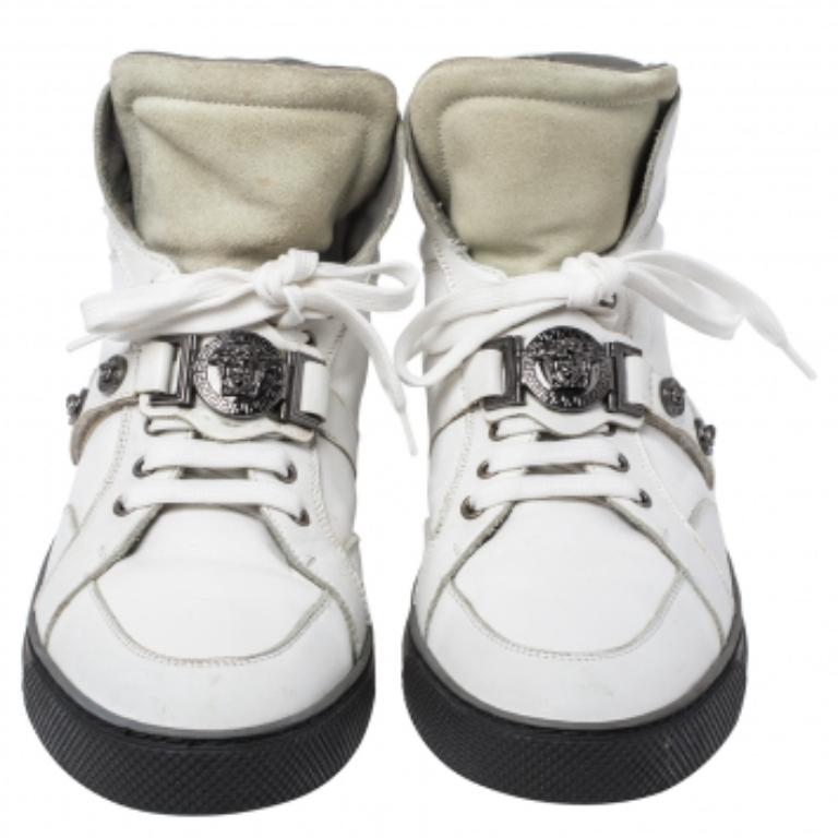 Gray Versace White Leather Medusa High Top Sneakers Size 45 For Sale
