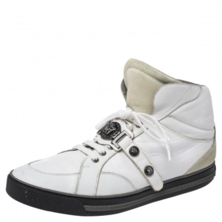 Men's Versace White Leather Medusa High Top Sneakers Size 45 For Sale