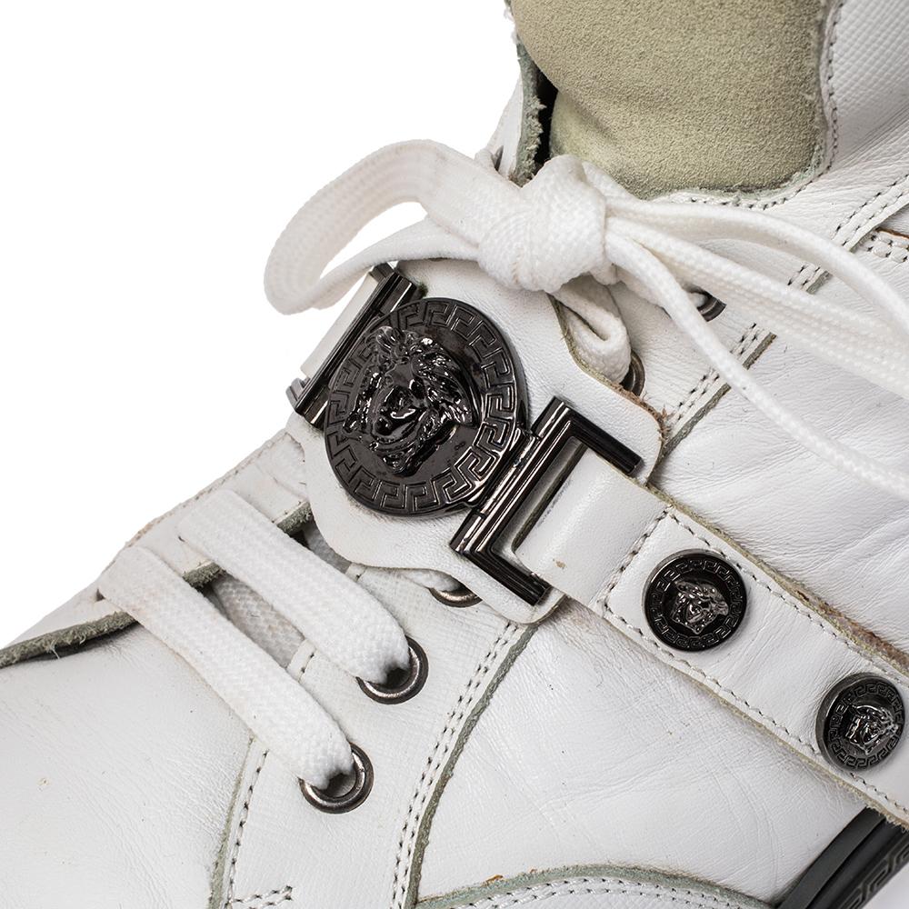 Gray Versace White Leather Medusa High Top Sneakers Size 45 For Sale