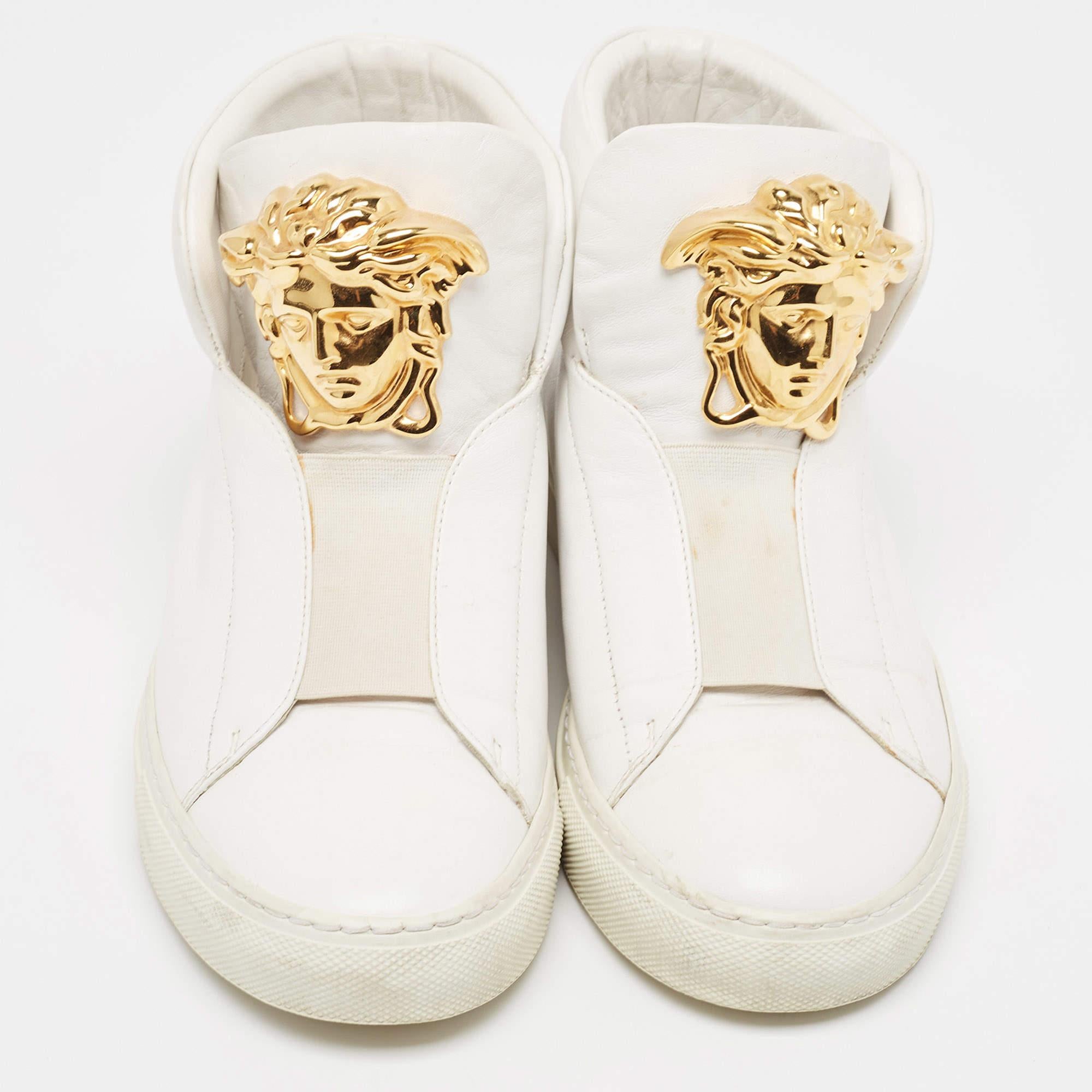 Versace White Leather Palazzo High Top Sneakers Size 36 In Good Condition In Dubai, Al Qouz 2