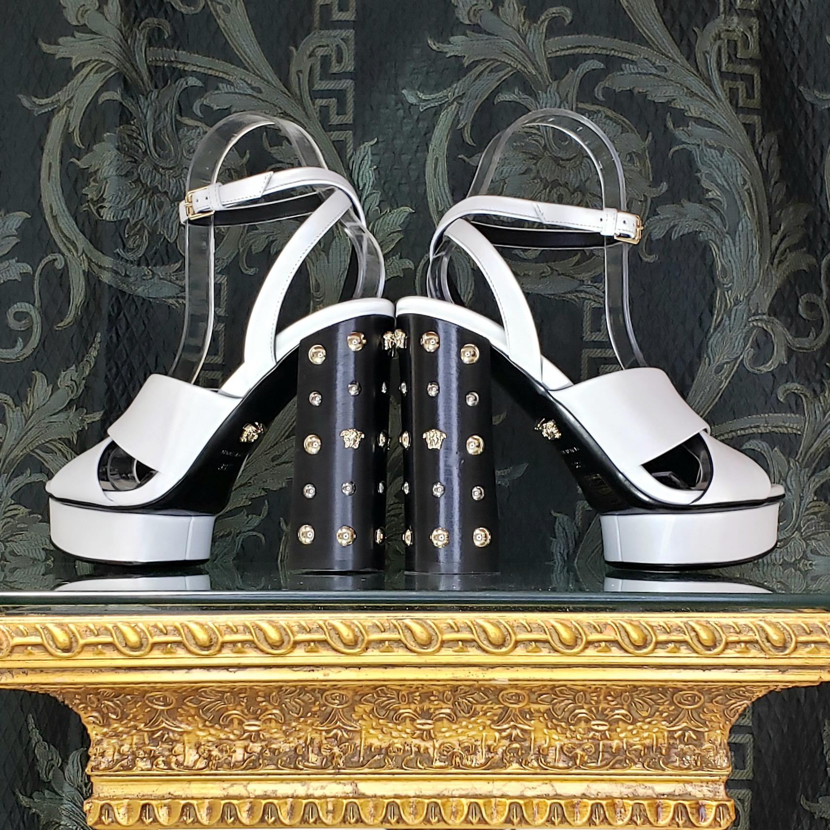 Gray VERSACE WHITE LEATHER SANDALS SHOES with GOLD MEDUSA STUDS 38.5 - 8.5