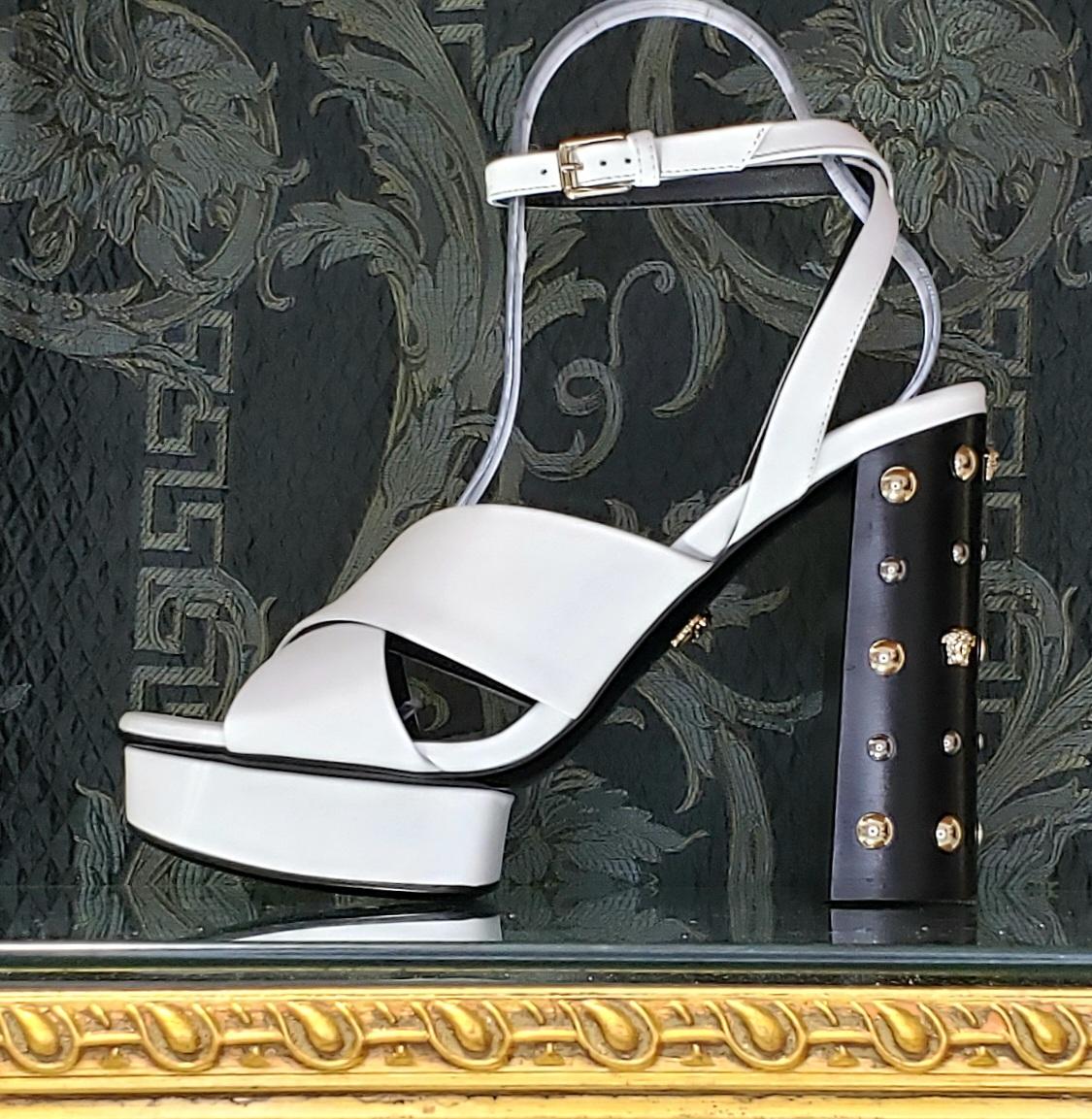 VERSACE WHITE LEATHER SANDALS SHOES with GOLD MEDUSA STUDS 38.5 - 8.5 3