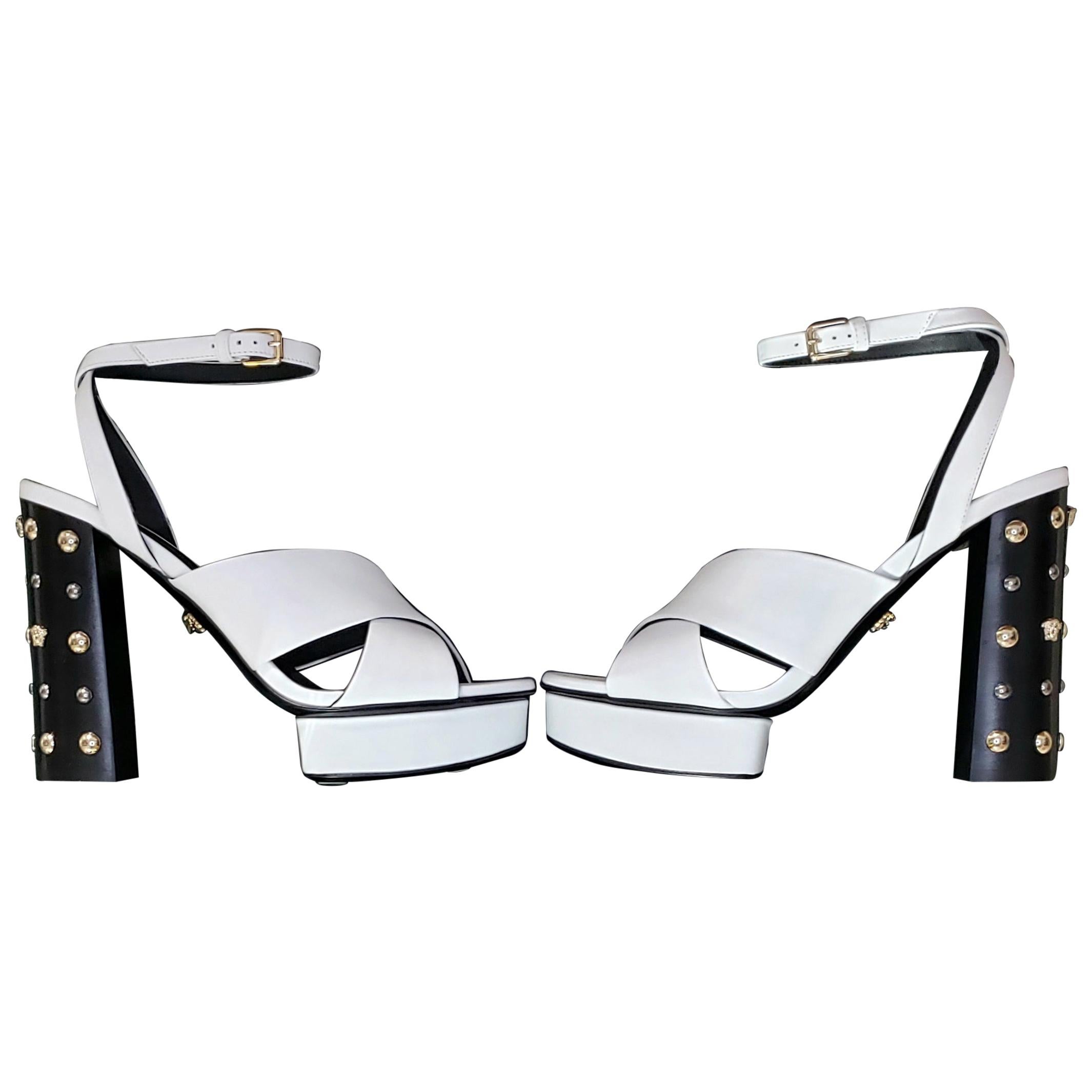 VERSACE WHITE LEATHER SANDALS SHOES with GOLD MEDUSA STUDS 38.5 - 8.5