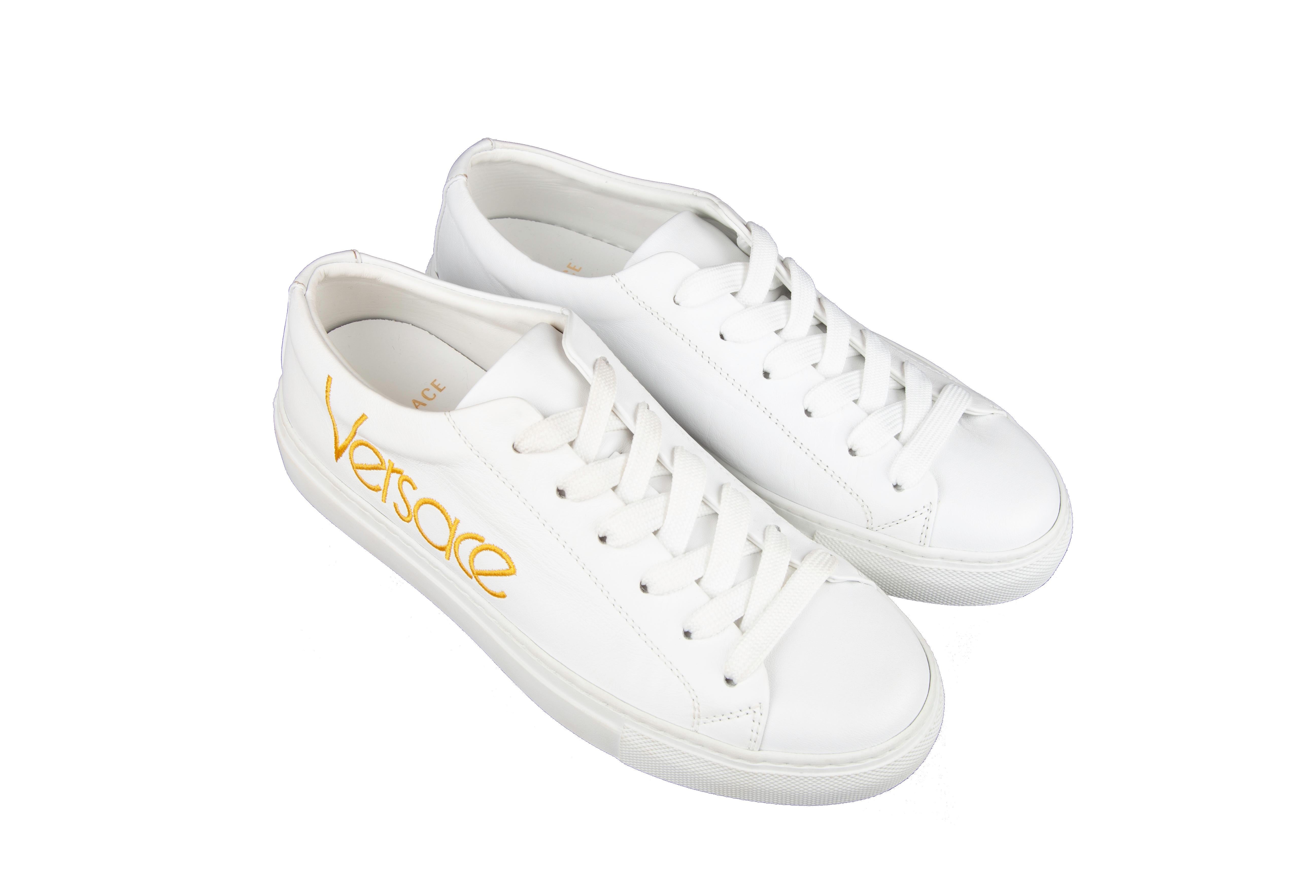 Women's Versace White Leather Sneaker with Vintage Logo Embroidery Size 36