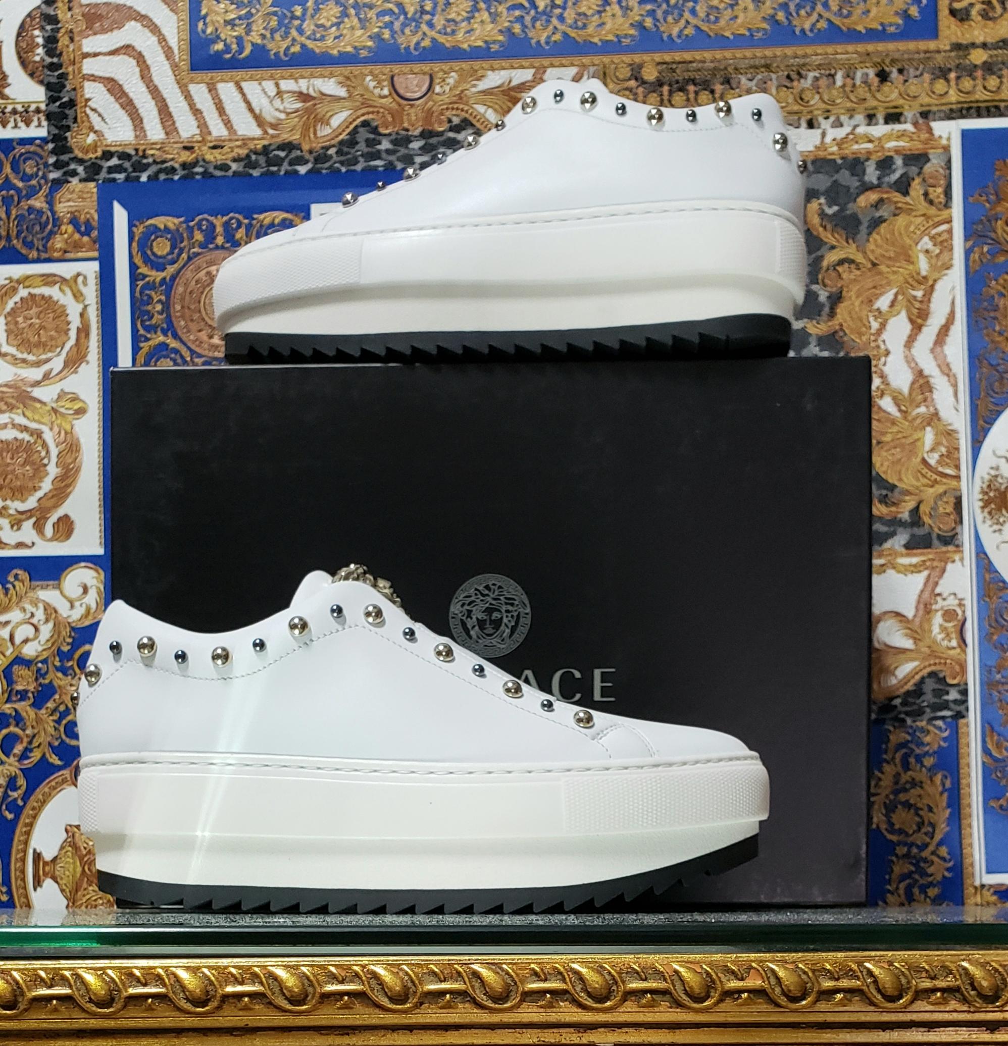 VERSACE WHITE LEATHER SNEAKERS with GOLD 3D MEDUSA 36.5 In New Condition In Montgomery, TX