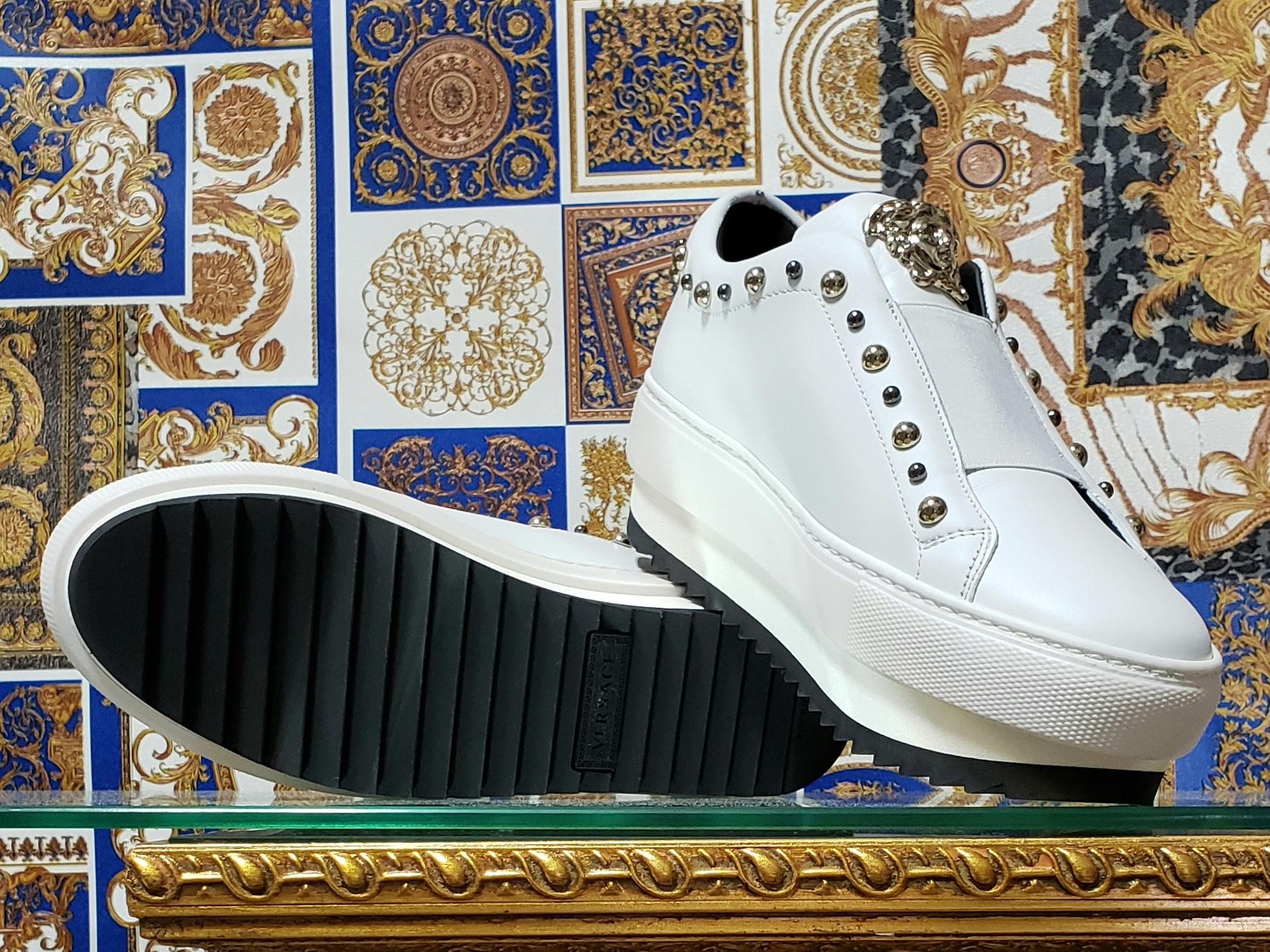 VERSACE WHITE LEATHER SNEAKERS with GOLD 3D MEDUSA 36.5, 37 In New Condition In Montgomery, TX
