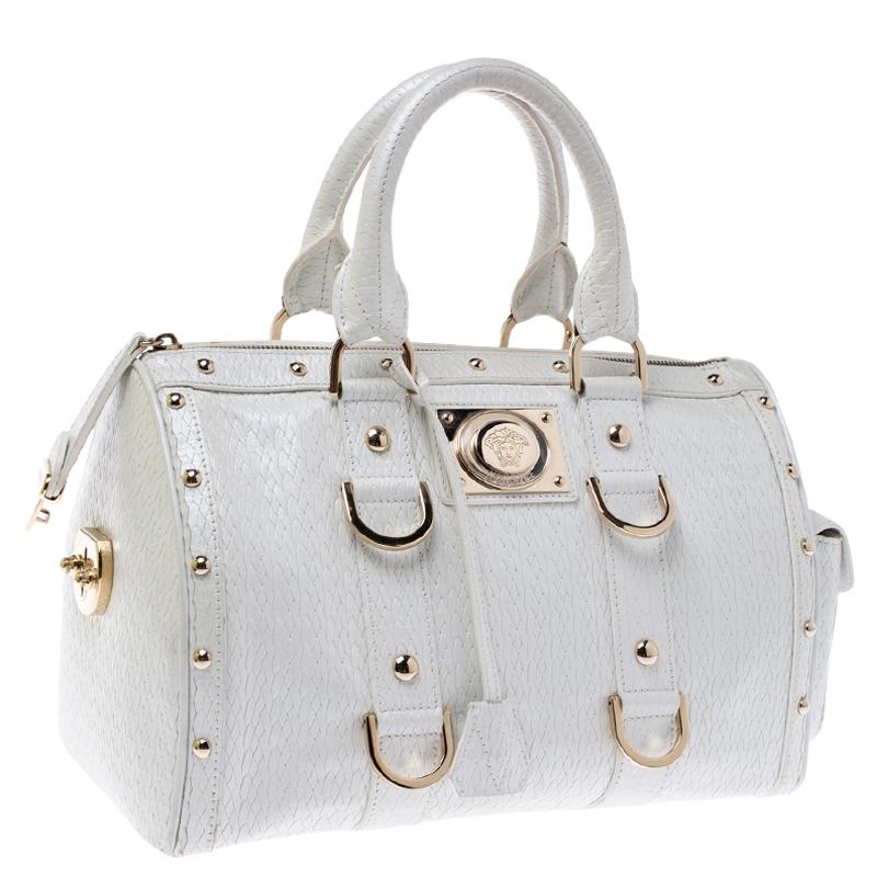 Versace White Leather Studded Satchel 4