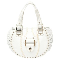 Versace White Leather Woven Handle and Spike Studded Shoulder Bag