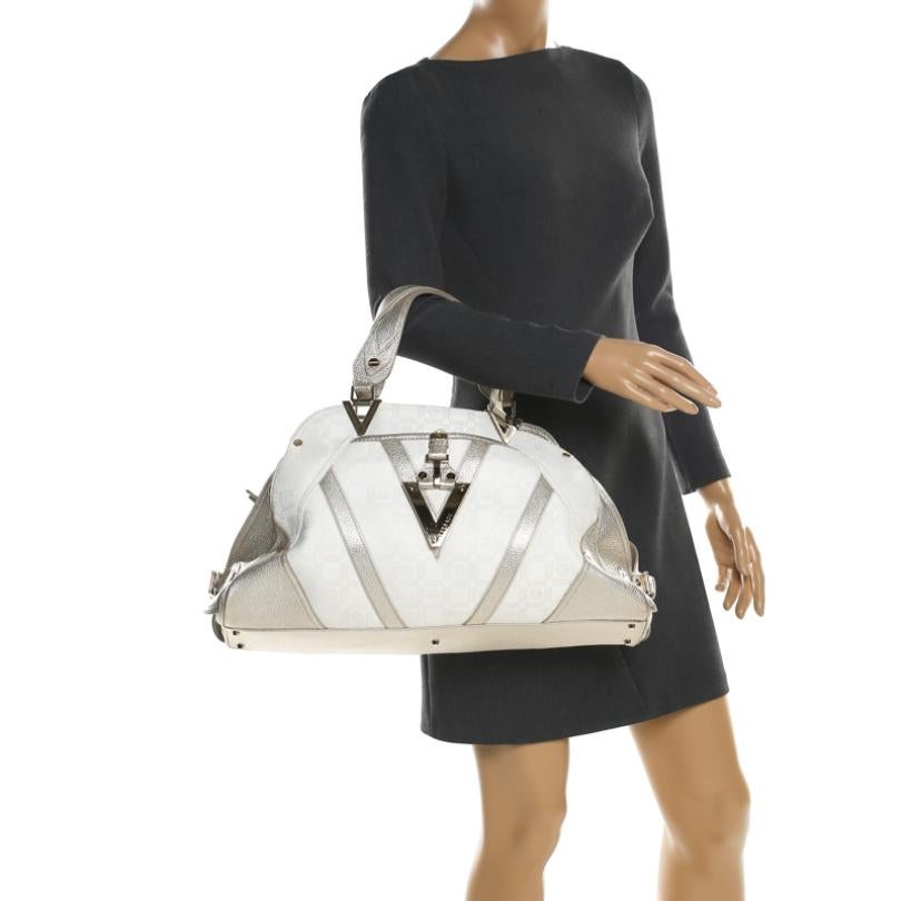 Gray Versace White/Light Gold Canvas and Leather Satchel