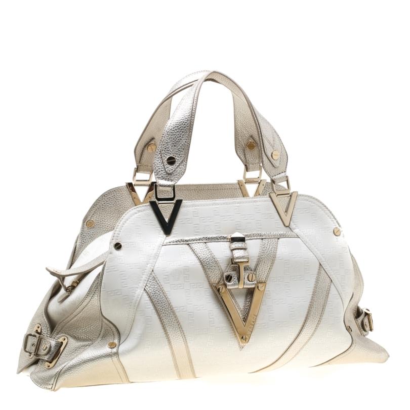 Versace White/Light Gold Canvas and Leather Satchel In Excellent Condition In Dubai, Al Qouz 2