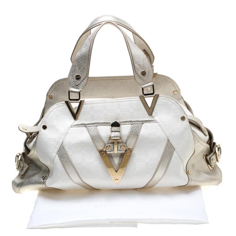 Versace White/Light Gold Canvas and Leather Satchel For Sale at 1stDibs