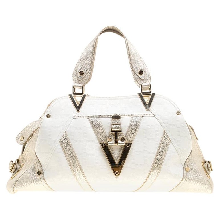 Versace White/Light Gold Canvas and Leather Satchel For Sale