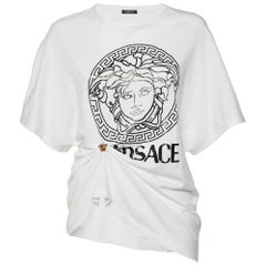 Versace White Logo Print Cotton Medusa Gathered Detail T-Shirt S
