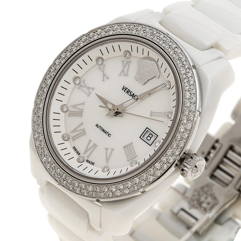 A timeless piecelike this Versace watch deserves a special place in your collection. Designed from a ceramic and stainless steel body, this watch comes with a white mother of pearl dial with silver-tone Roman numerals, diamond-studded bezel and