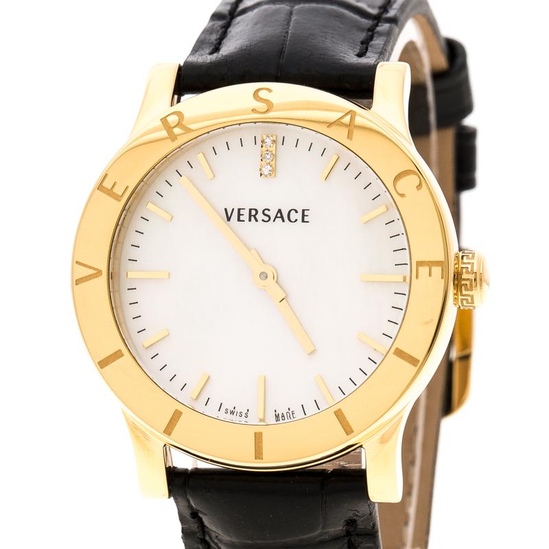 Contemporary Versace White Mother of Pearl Gold Plated Steel VQA Women's Wristwatch 33 mm