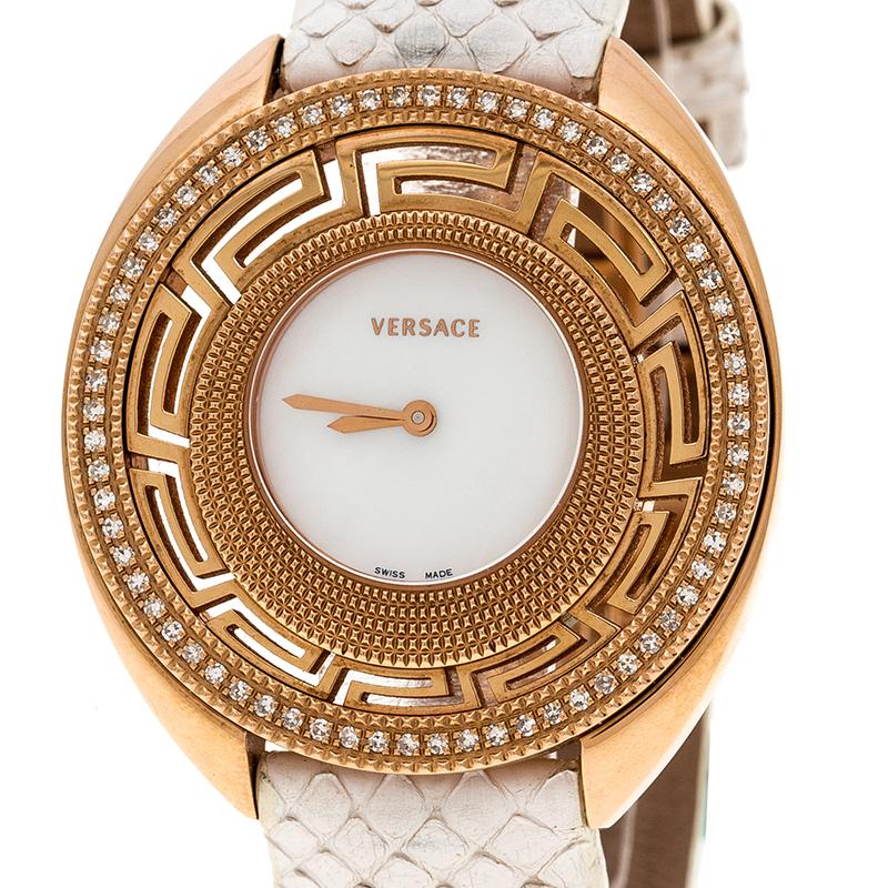 Contemporary Versace White Mother of Pearl Gold Tone Diamond 67Q Women's Wristwatch 39 mm