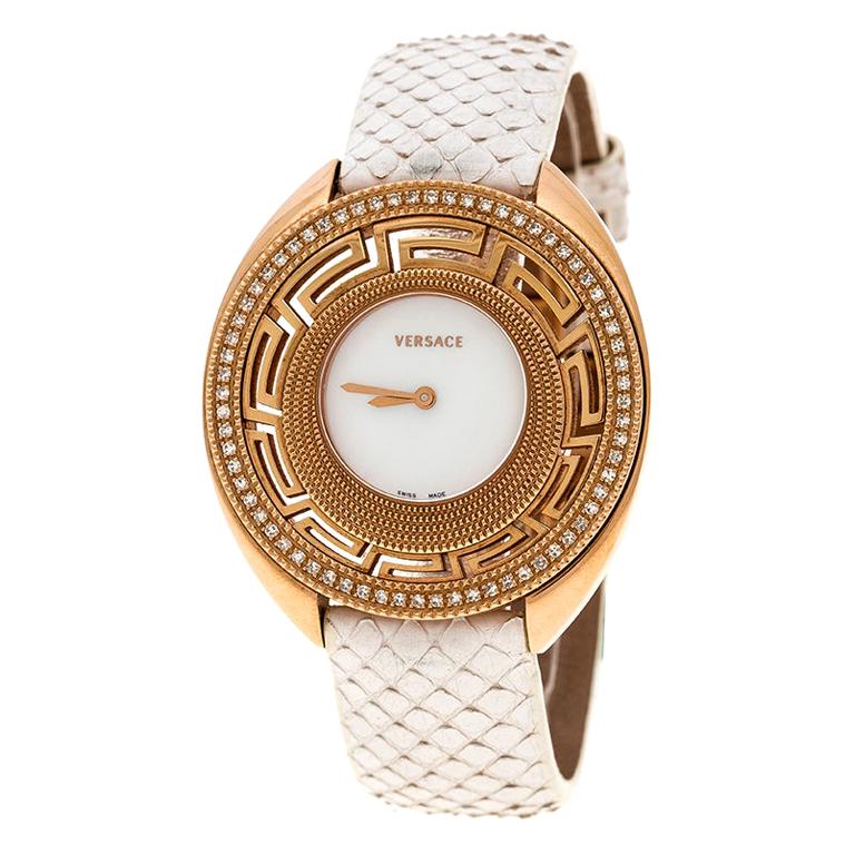 Versace White Mother of Pearl Gold Tone Diamond 67Q Women
s Wristwatch 39 mm
