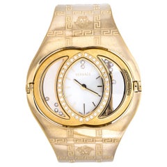 Versace Montre-bracelet 39 mm en or jaune, opaline blanche et plaqué acier inoxydable avec diamants