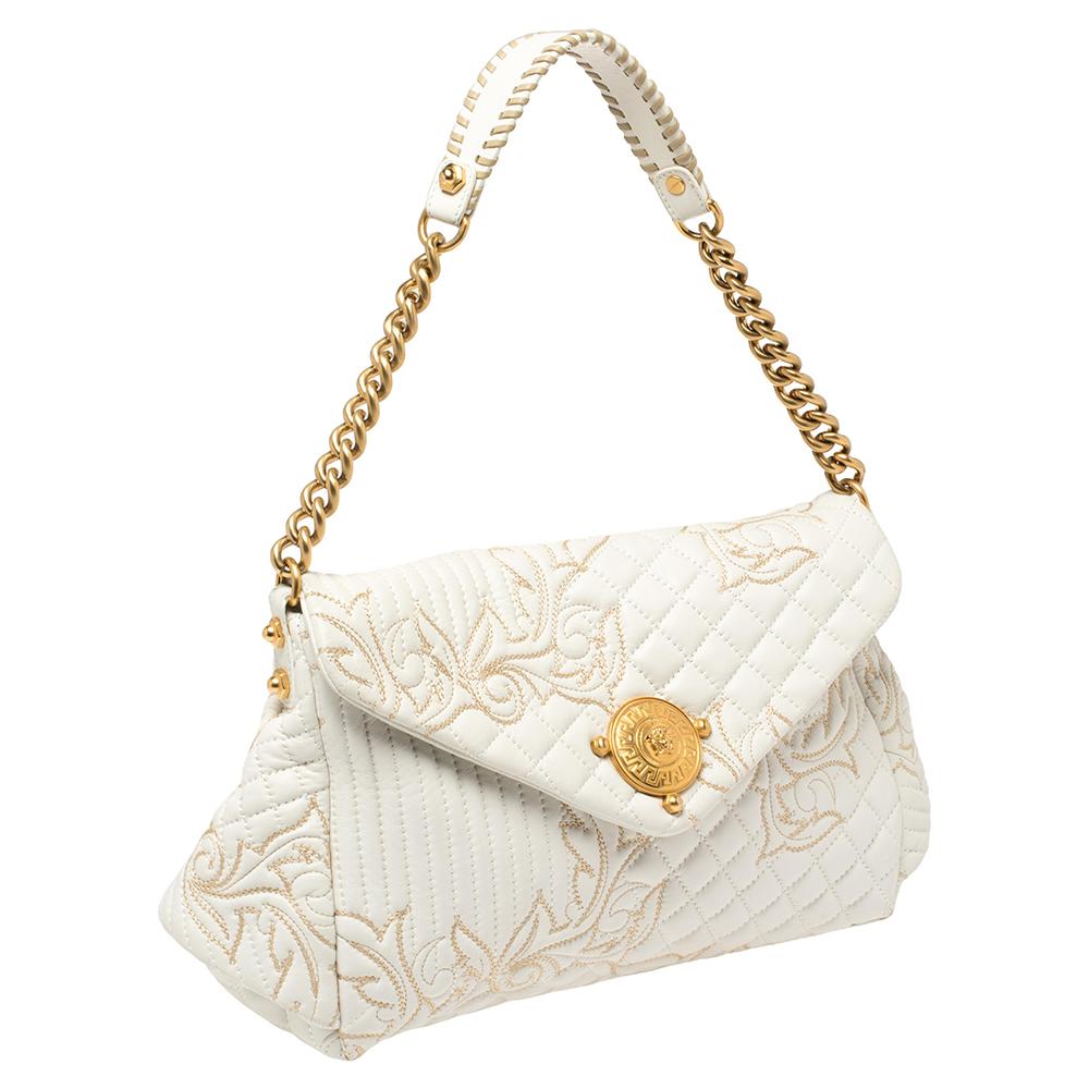 Women's Versace White Quilted Leather Embroidered Barocco Shoulder Bag