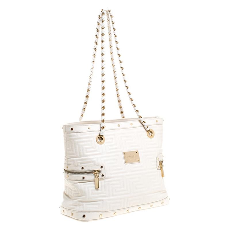 Women's Versace White Quilted Leather Sided Zip Tote