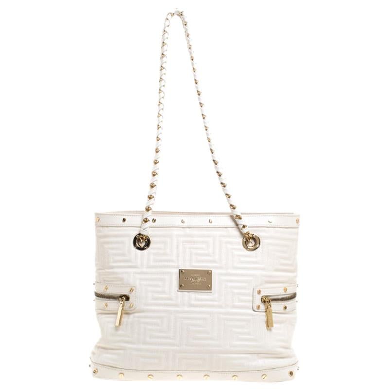 Versace White Quilted Leather Sided Zip Tote