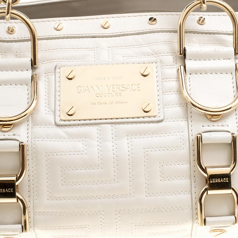Versace White Quilted Leather Snap Out Of It Tote 1