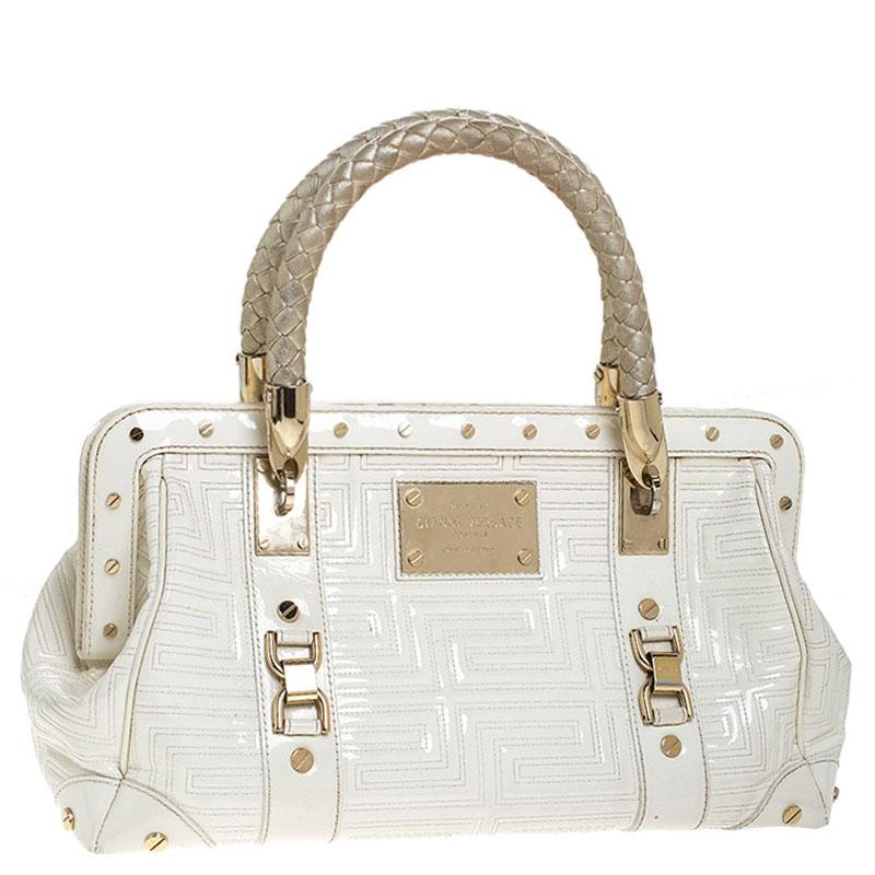 Women's Versace White Quilted Patent Leather Snap Out Of It Satchel