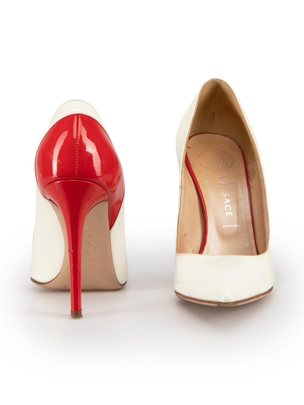 Beige Versace White & Red Patent Pointed-Toe Pumps Size IT 36 For Sale