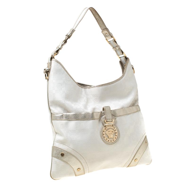 Gray Versace White/Silver Signature Fabric and Leather Hobo