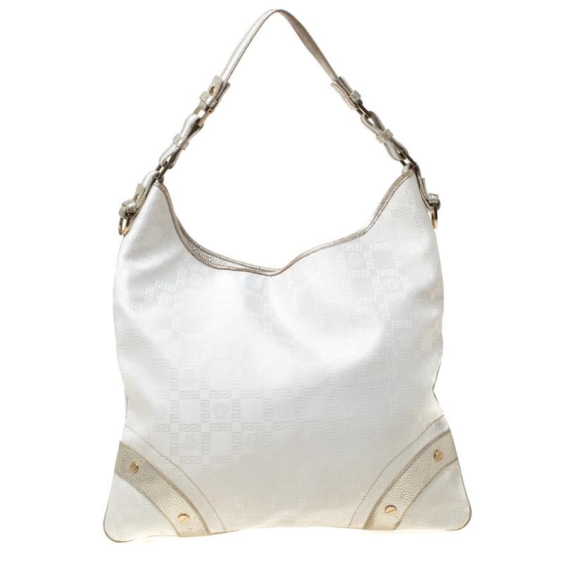 Versace White/Silver Signature Fabric and Leather Hobo 2
