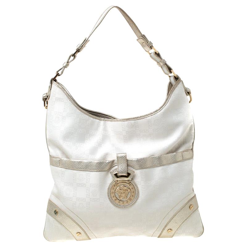 Versace White/Silver Signature Fabric and Leather Hobo