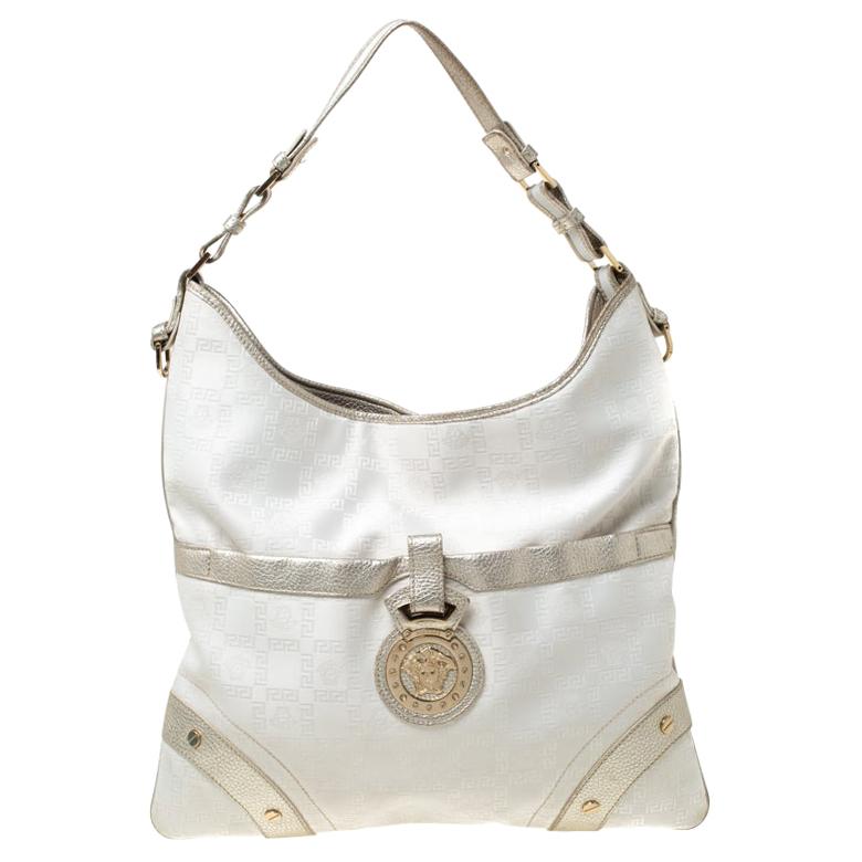 Versace White/Silver Signature Fabric and Leather Hobo