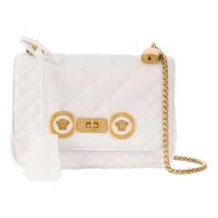 Versace White Small Quilted Leather Icon Shoulder Bag with Gold-Tone Chain