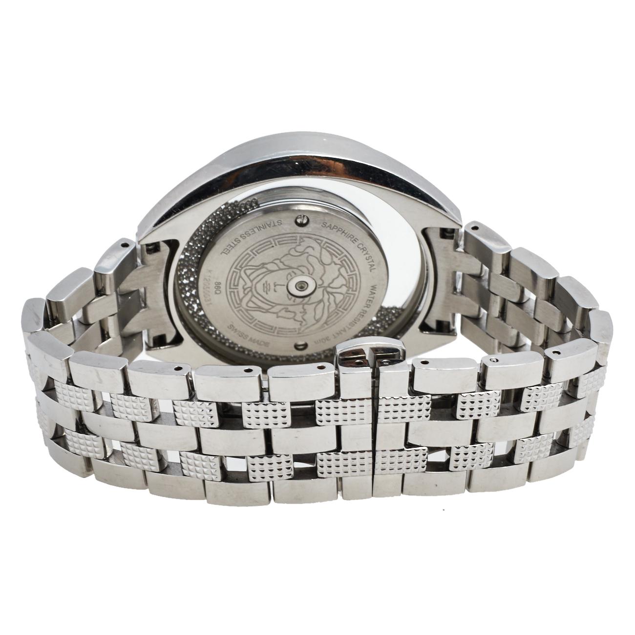 This beautiful timepiece from the house of Versace is sure to be a conversation starter with its eclectic and eye-catching design. Constructed in stainless steel, this Destiny Spirit 86Q watch features a transparent panel on the case which is filled