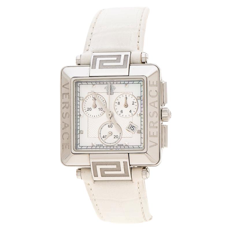 Versace White Stainless Steel Reve Carre 88Q Chronograph Womens Wristwatch 36 mm