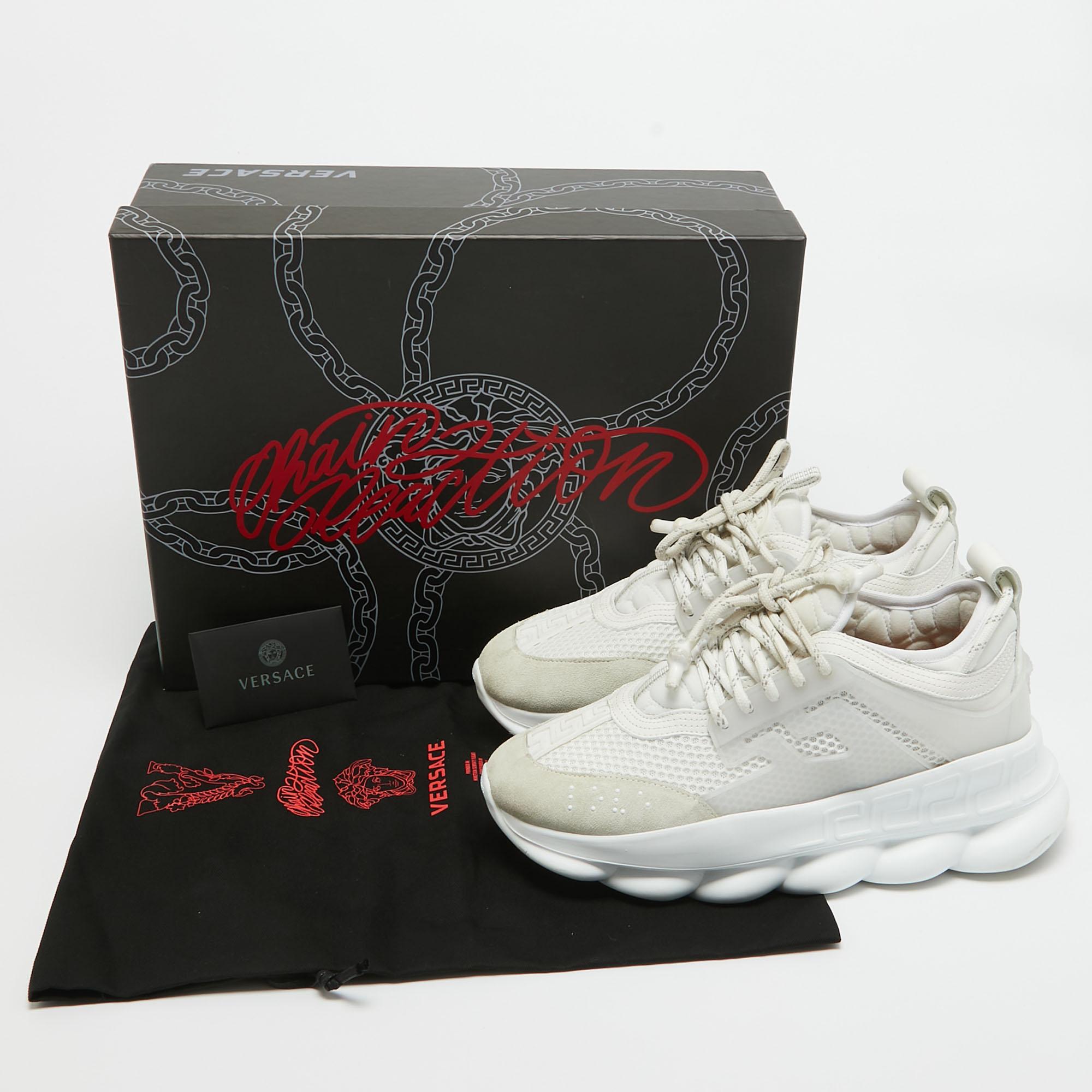 Versace White Suede and Leather Chain Reaction Sneakers Size 40 For Sale 4