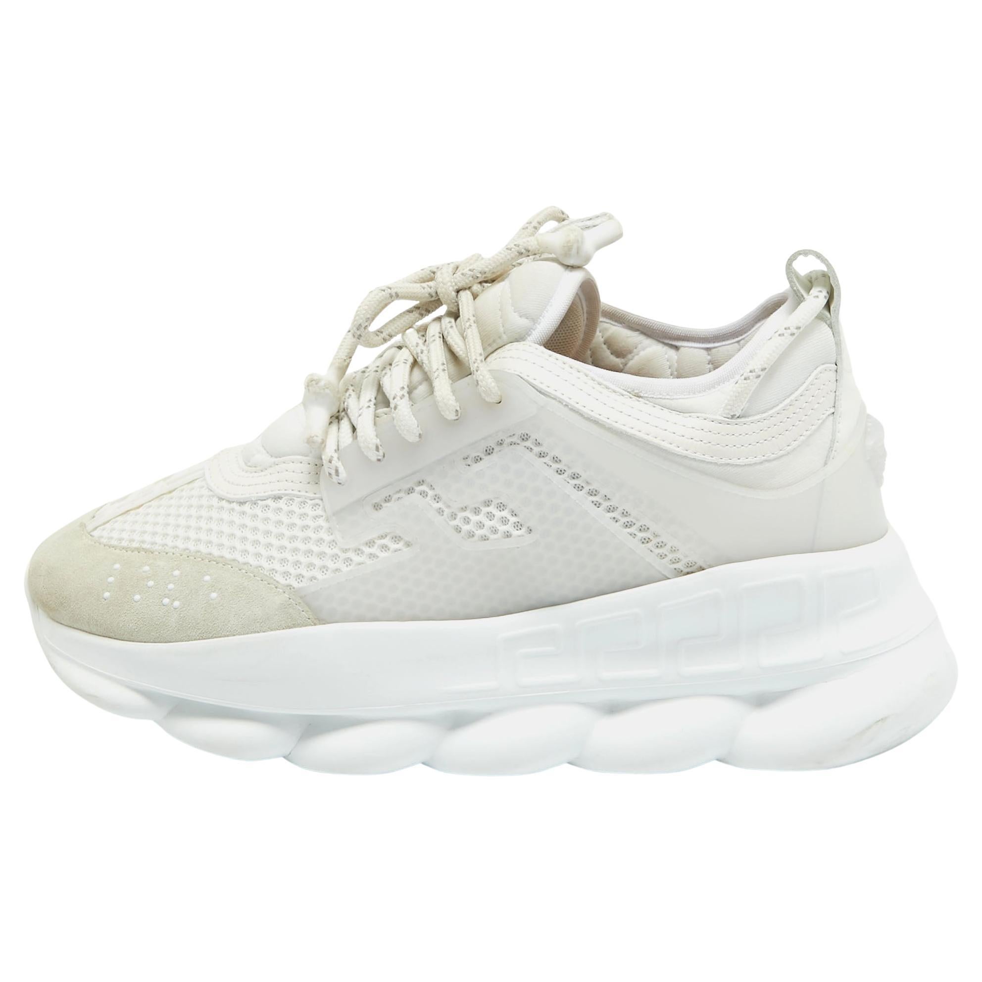 Versace White Suede and Leather Chain Reaction Sneakers Size 40 For Sale