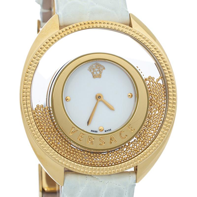 Versace White Yellow Gold Plated Stainless Steel Leather Spirit Wristwatch 39 mm In Good Condition In Dubai, Al Qouz 2