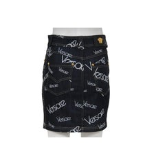 Versace Women Mini Jean Logo Skirt Size 44 Blue White Stretch Denim Medusa Head