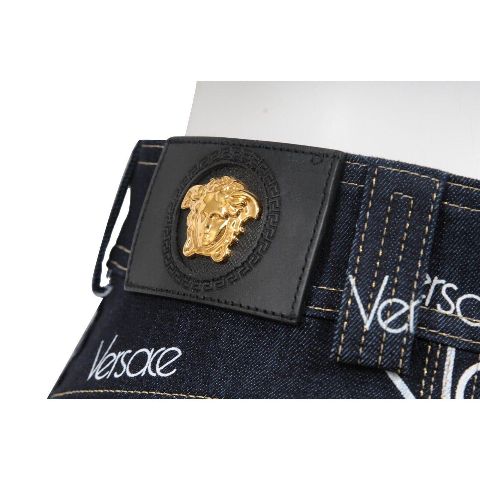 Versace Women Mini Jean Logo Skirt Size 44 Blue White Stretch Denim Medusa Head en venta 2