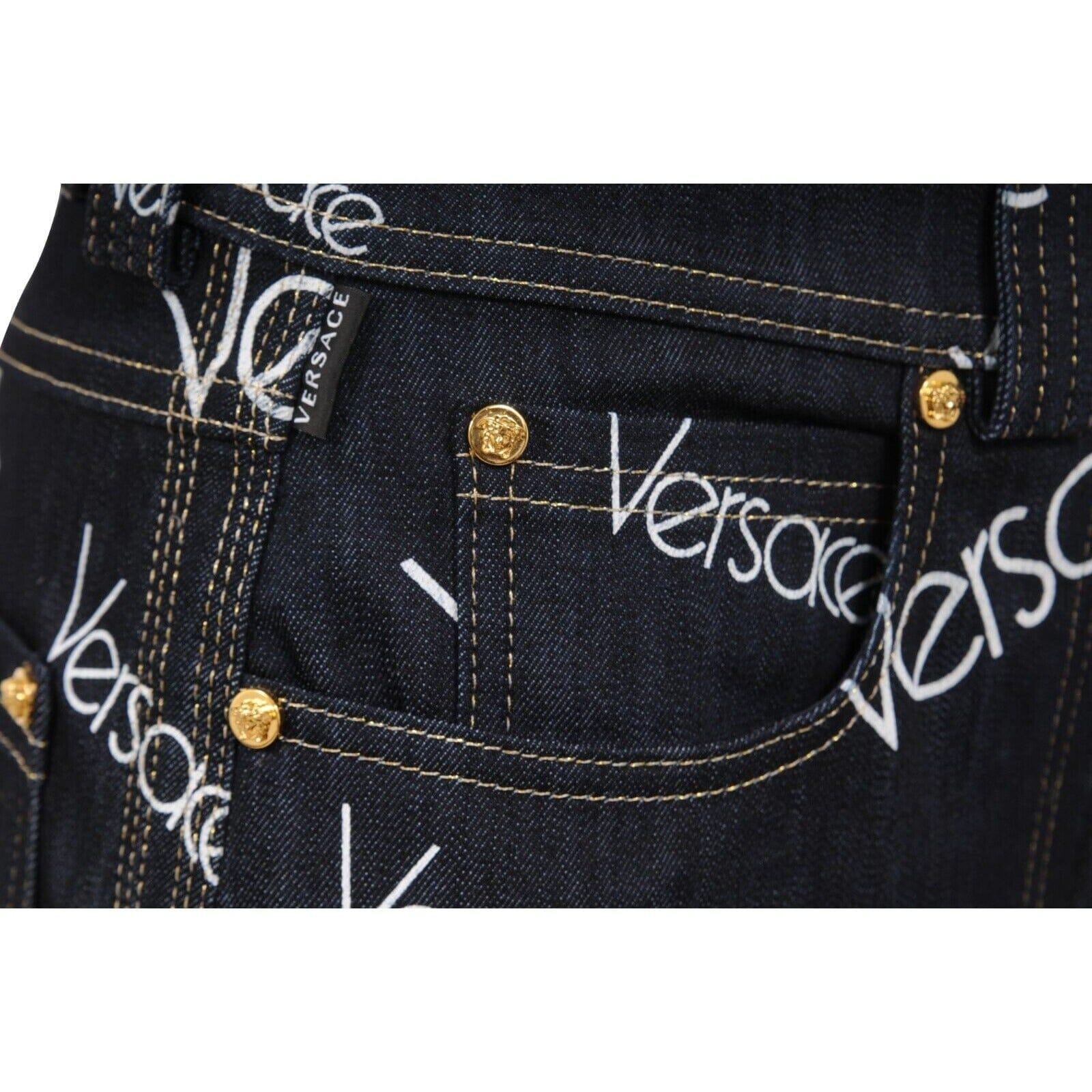 Versace Women Mini Jean Logo Skirt Size 44 Blue White Stretch Denim Medusa Head en venta 3