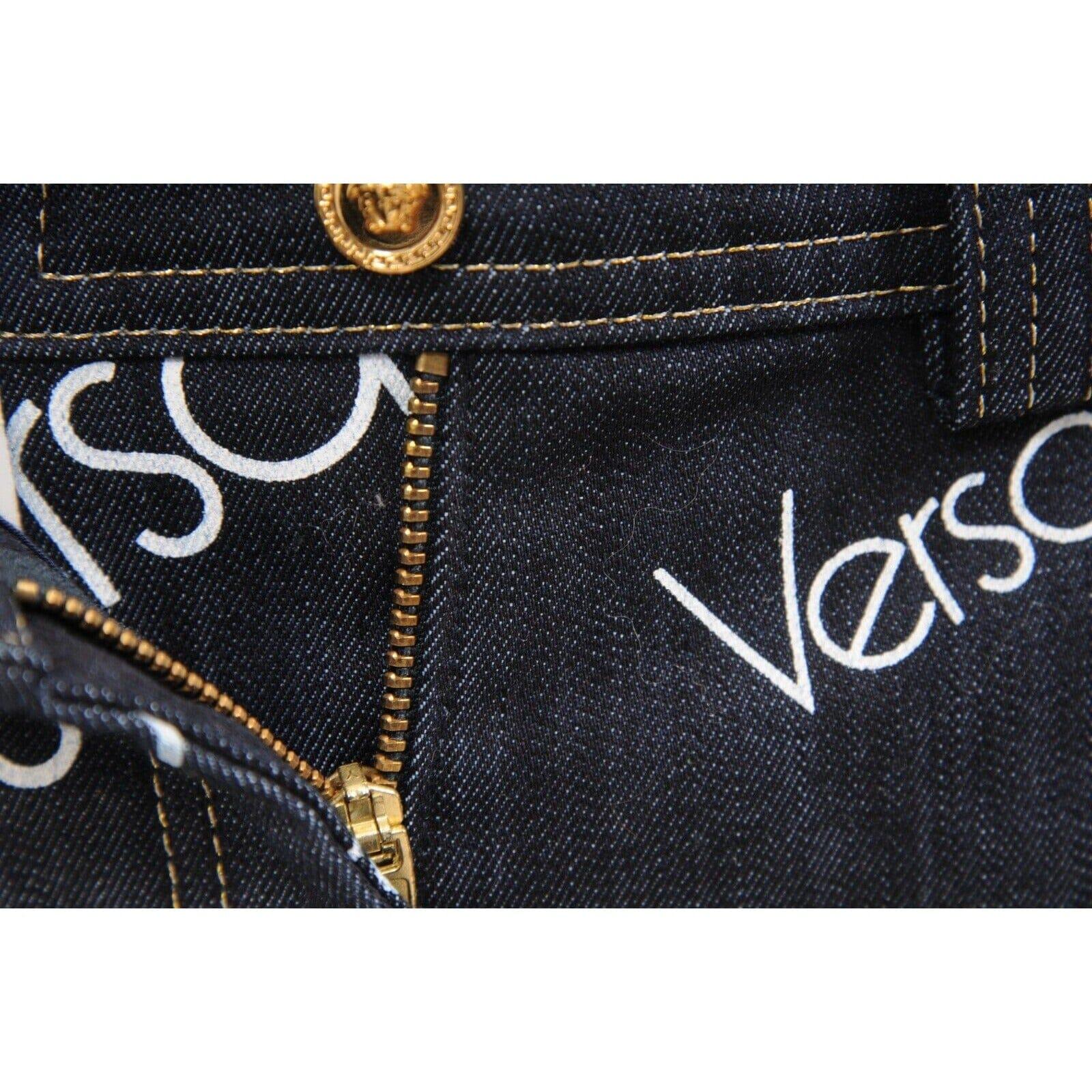 Versace Women Mini Jean Logo Skirt Size 44 Blue White Stretch Denim Medusa Head en venta 4
