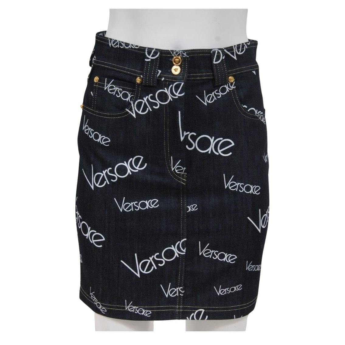 Versace Women Mini Jean Logo Skirt Size 44 Blue White Stretch Denim Medusa Head