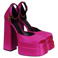 Versace Womens Aevitas Platform Sandals Size US 9 EU 39 Pink Satin Fusha