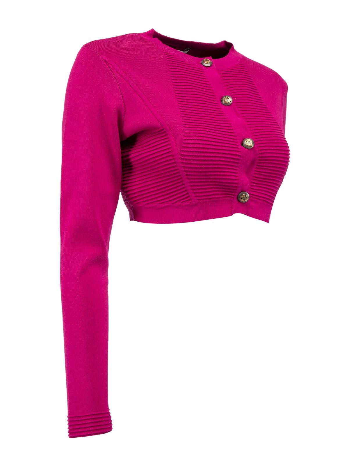 CONDITION is Very good. Hardly any visible wear to cardigan is evident on this used Cersace Collection designer resale item.  Details  Fuchsia Viscose, Nylon, Elastane blend Metal buttons Cropped Long sleeves Round neck Button front Ribbed detailing