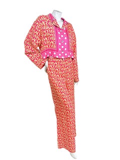 Versace x Dua Lipa 2023 La Vacanza Logo Print Silk Shirt & Wide-Leg Trouser Set